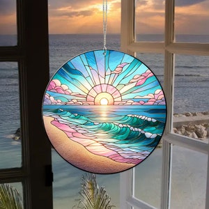 Acrylic Sunrise Beach Suncatcher: Faux Stained Glass Window Hanging