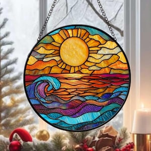Ocean Waves Faux Stained Glass Suncatcher, Sunrise Waves On The Beach Window Hanging, Ocean Waves At Sunrise, Beach Lover Gift, Natural Gift