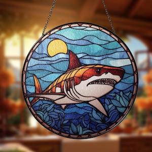 Stained Glass Shark Beach Suncatcher White Shark Light Catcher Window Hangings House Decoration House Decor Ocean Waves Lover Gift New House