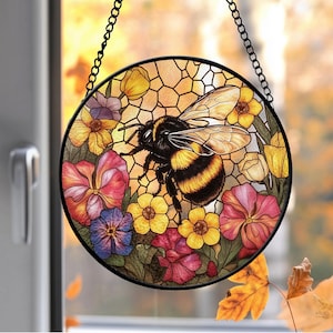 Bee Wildflower Glass Suncatcher,Bee Stained Glass Ornament,Honeybee Gift for Garden Lovers,Home Decoration for Bee,Personalized Teacher Gift