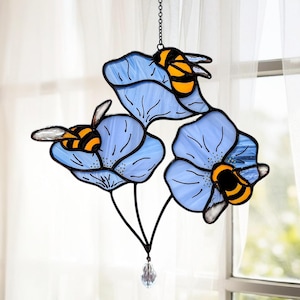 Unique Birthday Gift for Bee Lovers. Stained Glass Bees on Blue Flowers Suncatcher. Whimsical Window Art with Floral and Cottagecore Charm