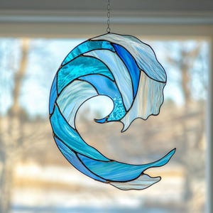 Waves Stained Glass Pattern, Ocean Waves Suncatcher, Ocean Waves Stained Glass Pattern, Home Decor Glass, DIY Stained Glass, Wall Art Gift
