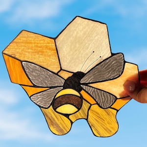Stained Glass Bee Window Hanging, Suncatcher Honeycomb, Garden or Patio Decor, Gift for Mom