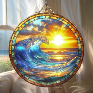 Ocean Wave Sunset Acrylic Suncatcher - Faux Stained Glass Window Hanging, Beach Decor Gift, Coastal Sunroom Ornament, Sea Lover Art