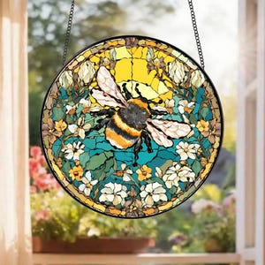 Honey Bee Suncatcher with Flowers, Suncatcher Window Bee Gift, Bee Garden Decor Gift, Faux Stained Glass Bee Ornament, Nature Lover Gift