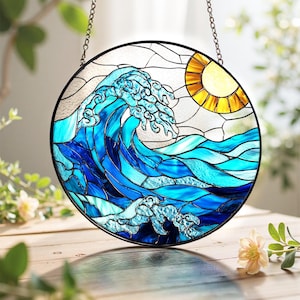 Wave Suncatcher Stained Glass, Ocean Beach Glass Suncatcher, Coastal Decor, Sea Sunset Glass Art, Blue Ocean Wave Decor, Gift for Sea Lover