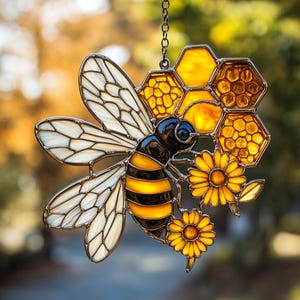 Bee And Honeycomb Acrylic Suncatcher Window Hanging - Faux Stained Glass Garden Decor With Flowers For Nature Lovers And Bee Gift Ideas