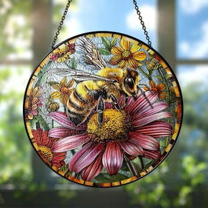 Stained Glass Honey Bee Suncatcher: Floral Window Hanging, Nature Art