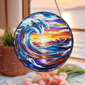 Sea Wave Stained Glass Suncatcher, Ocean Wave Window Hanging, Coastal Beach Decor, Nautical Ornament, Gift for Beach Lovers