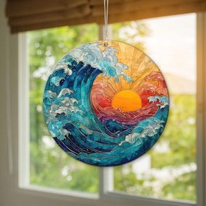 Acrylic Ocean Wave Suncatcher: Beach Coastal Window Hanging