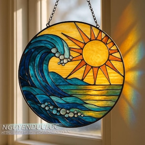 Ocean Wave Acrylic Suncatcher, Tiffany Style Sun and Sea Window Hanging, Coastal Beach Acrylic Art, Nautical Summer Home Gift