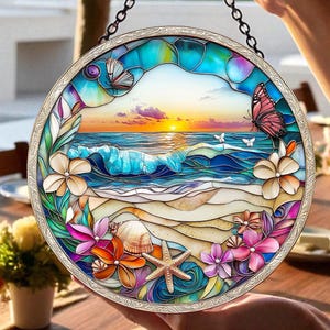 Ocean Landscape Stained Glass Suncatcher, Coastal Window Hanging, Beach Wave Decor, Sea View Ornament, Nautical Home Gift, Summer Window Art