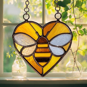 Heart Bee Real Stained Glass Suncatcher - Real Glass Window Hanging, Eco Handmade Gift For Her, Bee Lover Decor