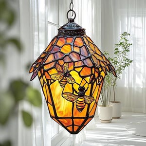 Beehive Acrylic Hanging Light, Honey Bee Glass Lantern Decor, Warm Amber Window Ornament, Nature Lover Gift