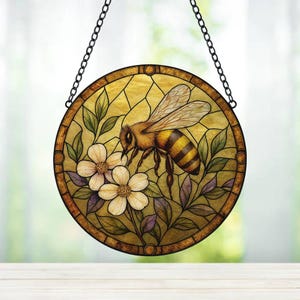 Bee Wildflowers Stained Glass Suncatcher,Honey Bee Suncatcher,Honeybee Gift for Garden Lovers,Home Decor Gift for Mom,Mother's Day Gift