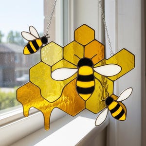 Personalized Honey Bee Panel Stained Glass Suncatcher, Custom Name Dripping Honeycomb Window Hanging Garden Decor, Handmade Christmas Gift