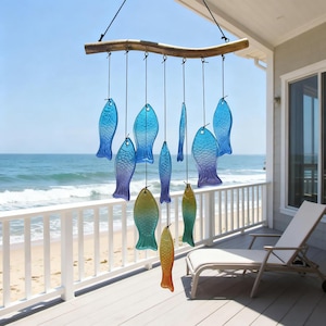 Colorful Stained Glass Fish Wind Chime, Handmade Glass Suncatcher, Ocean Beach Home Decor, Coastal Window Hanging Gift, Sea Art Gift