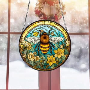 Bee Stained Glass Suncatcher, Honeybee Gift for Garden Lovers, Bee Wildflower Glass Ornament, Honeycomb Window Art, Nature-Inspired Decor