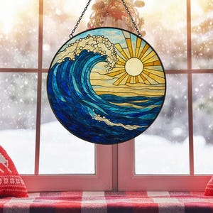 Sea Wave Stained Glass Suncatcher, Ocean Suncatcher Window Hanging, Blue Wave Ornament, Beach Decor,Beach Wall Art Decor, Beach Lover Gifts