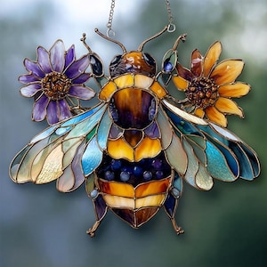 Bee and Wildflower Acrylic Stained Glass Suncatcher: Garden Decor