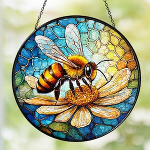 Bee Stained Glass Suncatcher, Honeybee Gift for Garden Lovers, Bee Wildflower Glass Ornament, Home Decoration for Bee, Housewarming Gift