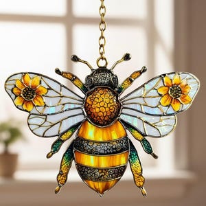 Bee Sunflowers Faux Stained Glass Acrylic Ornament Suncatcher, Nature Insect Window Hanging, Summer Garden Decor, Birthday Gift For Her